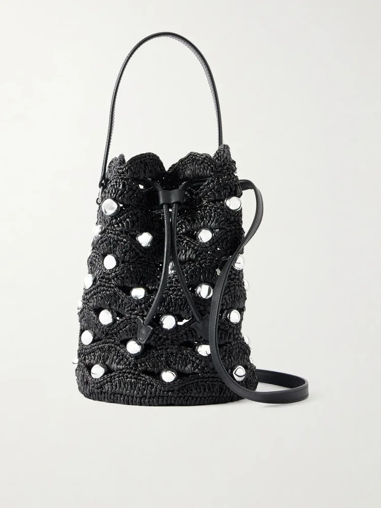 embellished leather trimmed raffia crossbody bag