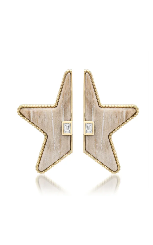 Mega Star Power Split Petrified Wood and Diamond Earrings