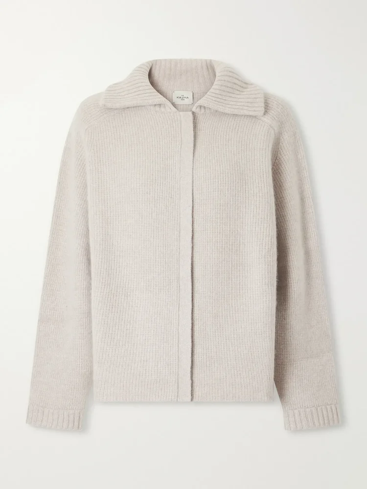Ribbed cashmere zip-up cardigan
