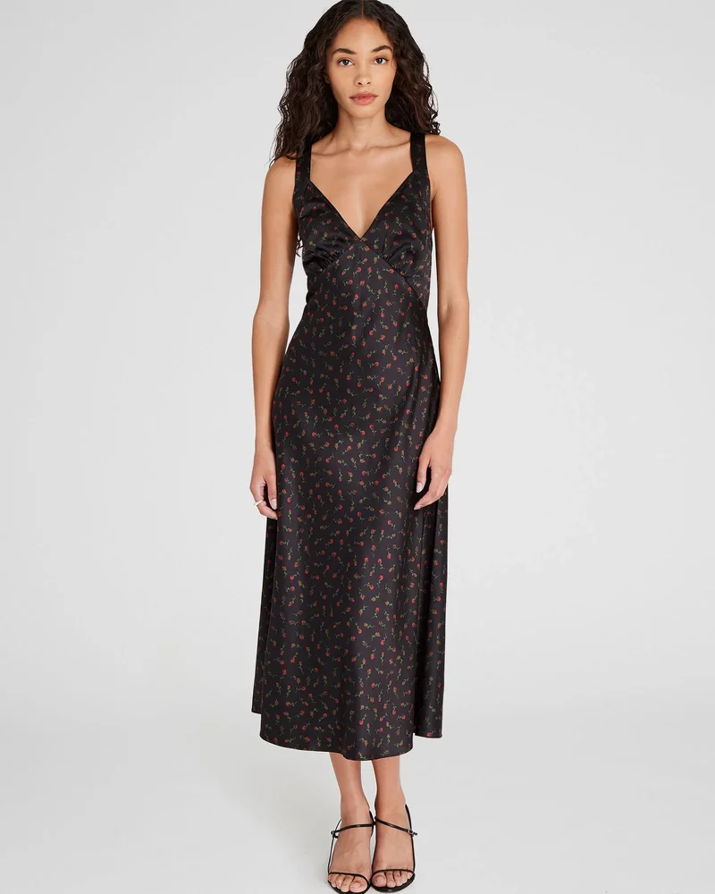 Floral Print V-Neck Silk Midi Dress