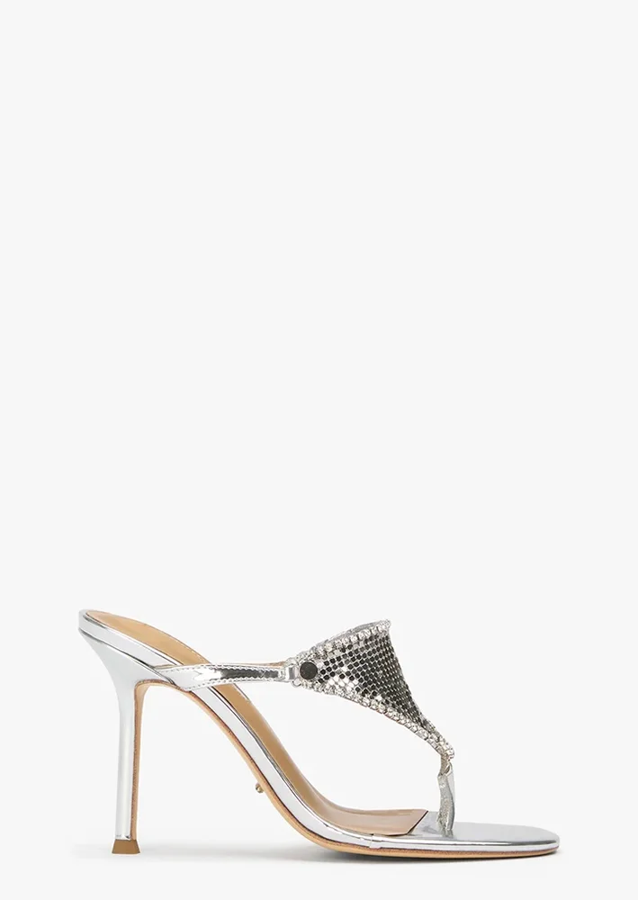 Demure Silver Glomesh (Stiletto Heel Thong Sandal)