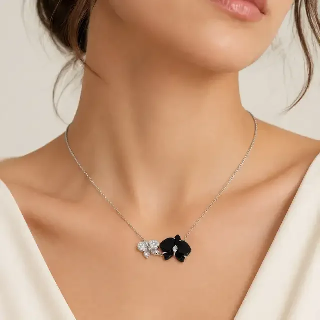Cartier Caresse d'Orchidées Diamond and Onyx Necklace in 18k White Gold