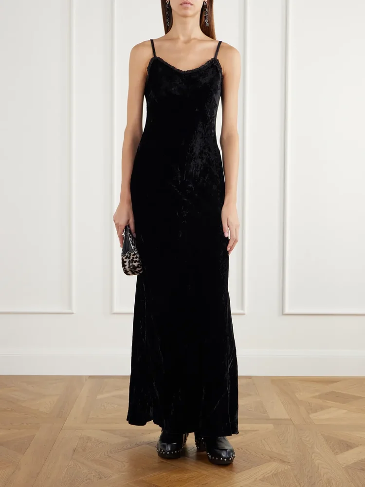 Athens tulle-trimmed velvet maxi dress