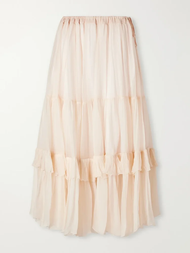 Tiered ruffled silk-mousseline midi skirt