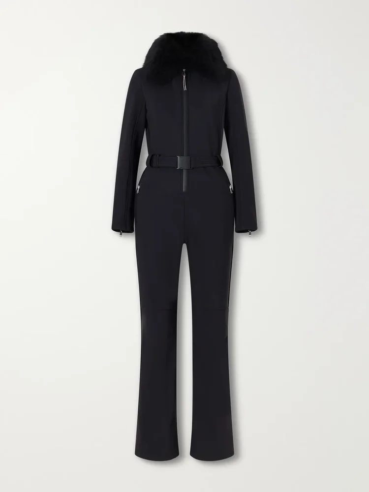 Belted shearling-trimmed stretch-shell ski suit