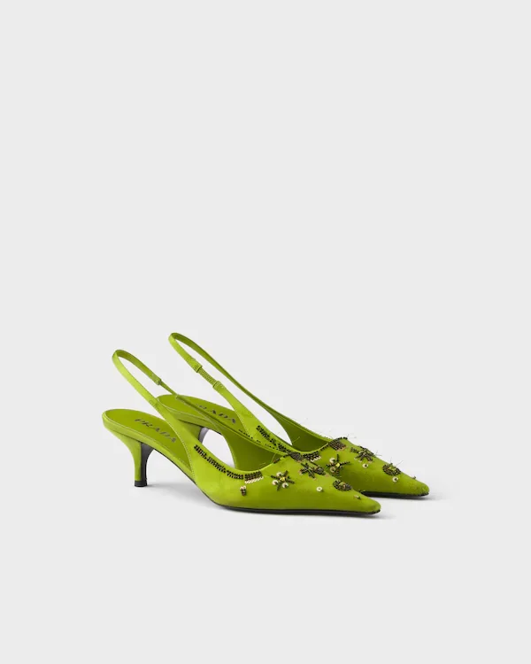 Embroidered satin slingback pumps