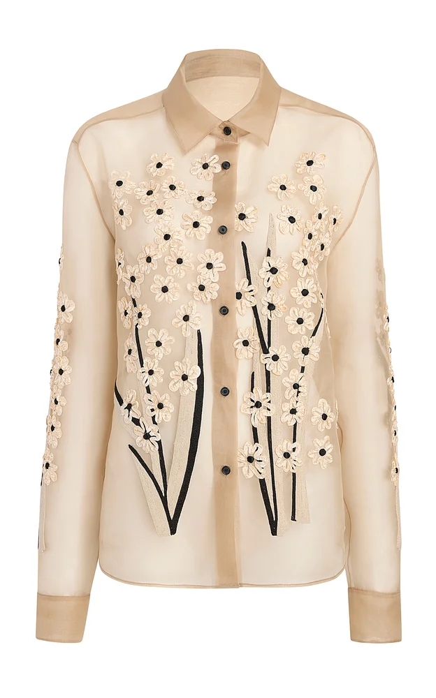 Argo Floral-Embroidered Silk Organza Shirt