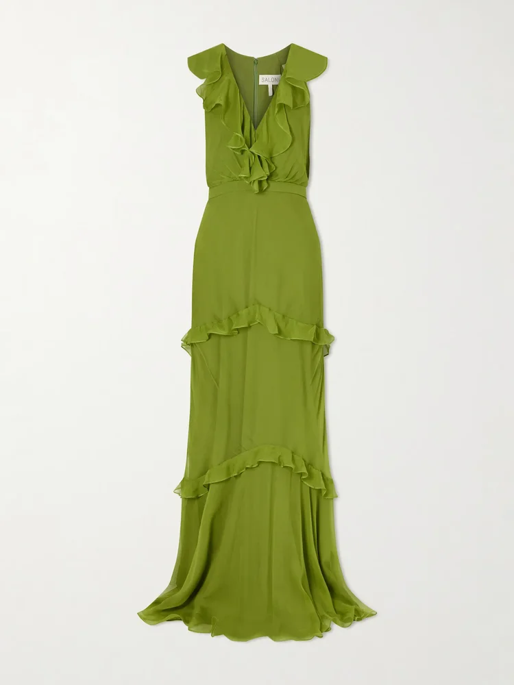 Rita gathered ruffled silk gown