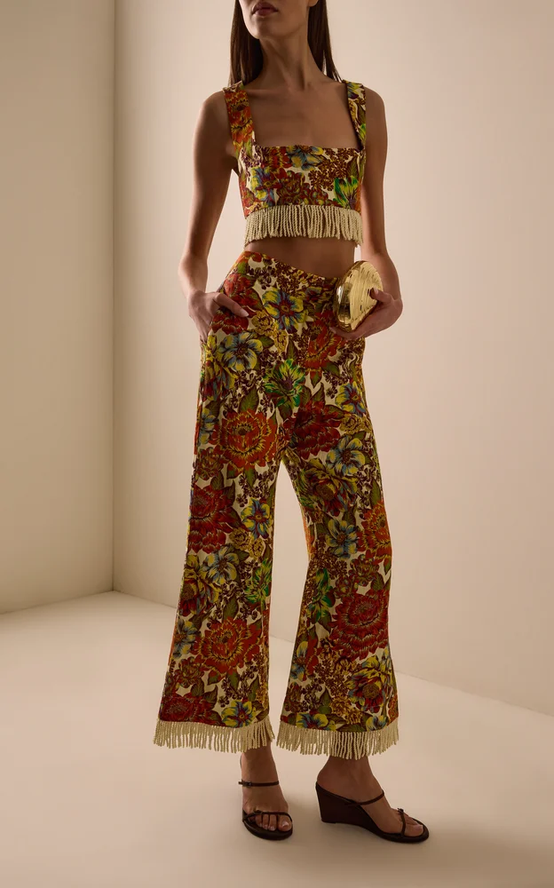 Lana Fringed Floral Linen Flared Pants