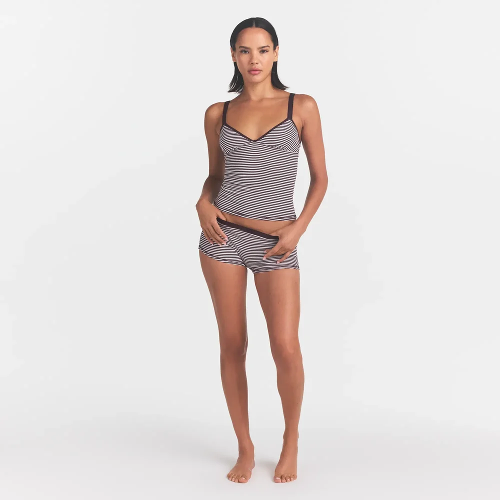 Lightweight Cotton Logo Picot Cami And Boy Short Set in Currant Feeder Stripe