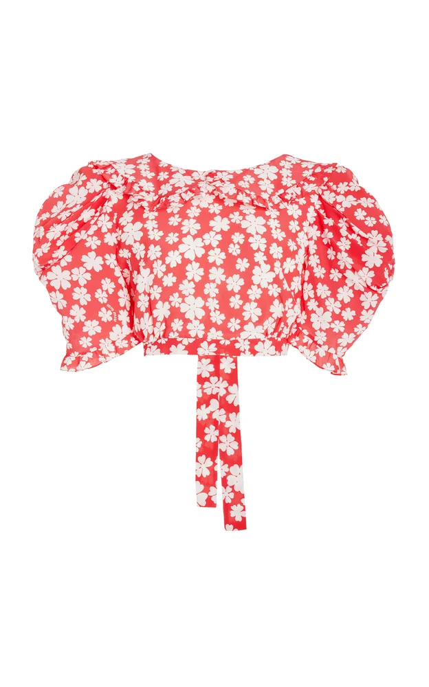 Puff-Sleeve Floral Silk Open-Back Crop Top