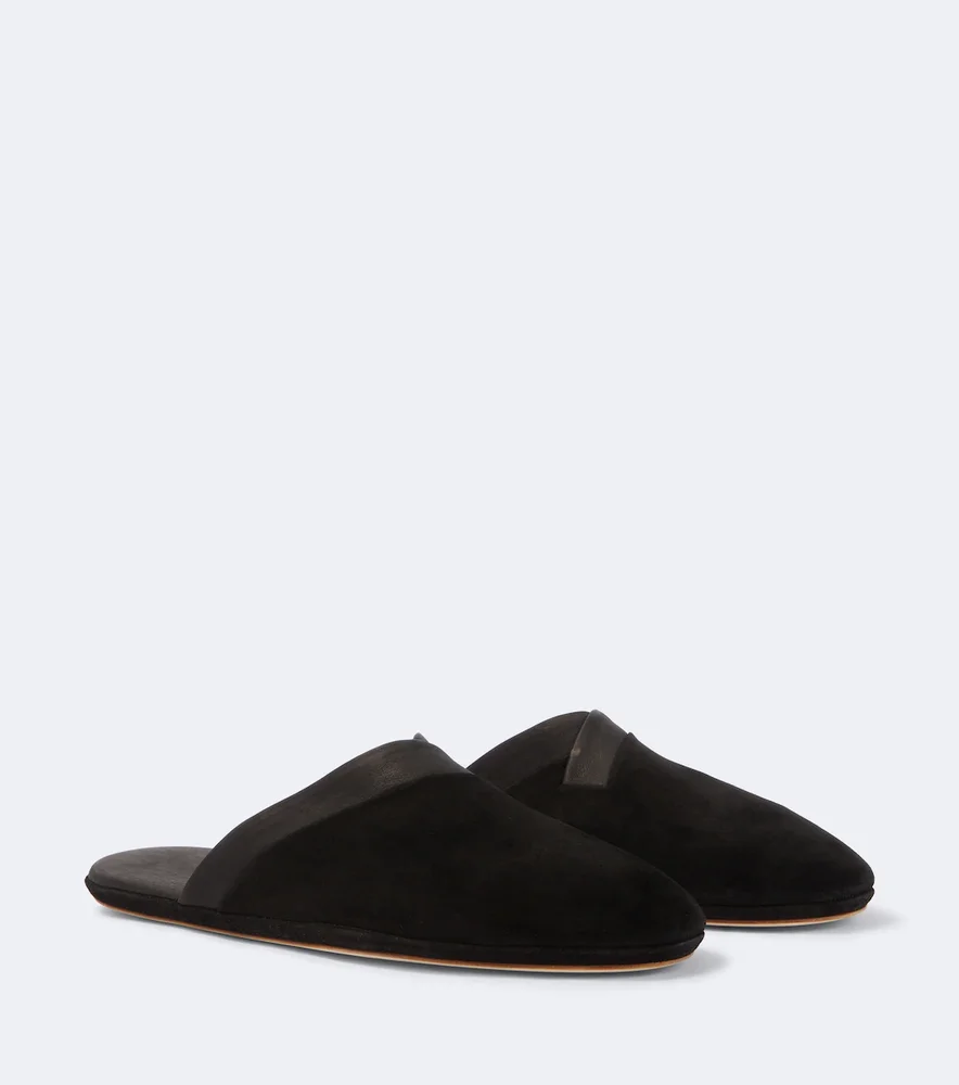 Leather-trimmed suede slippers