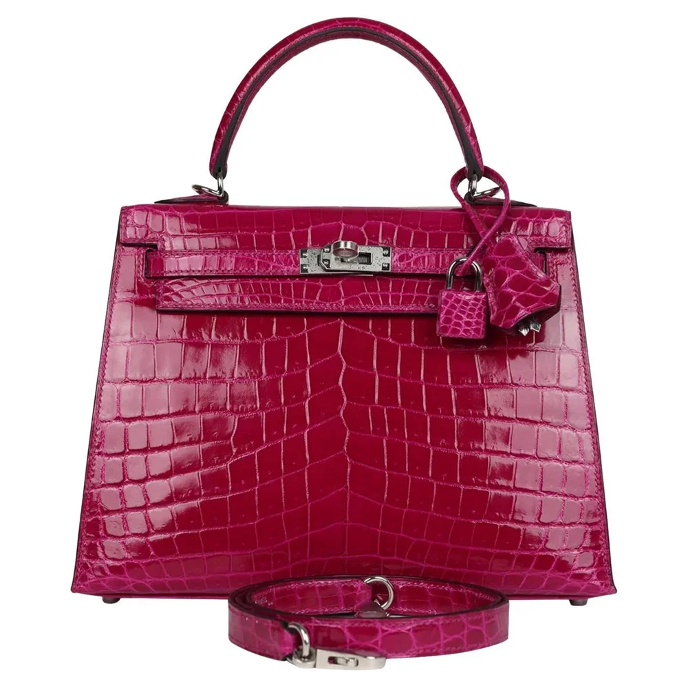 Pre-Owned Kelly Sellier 25 Rose Pourpre Shiny Niloticus Crocodile