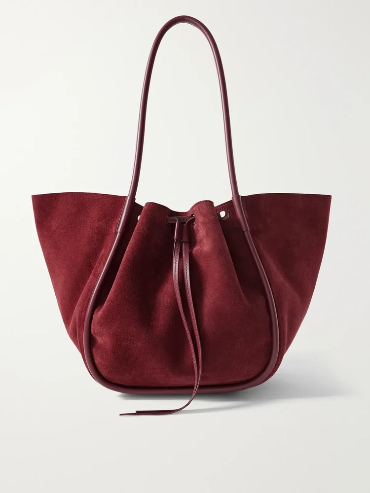 Large leather-trimmed ruched suede tote
