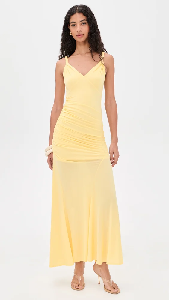 Bianca Twist Strap Asymmetrical Godet Maxi Dress