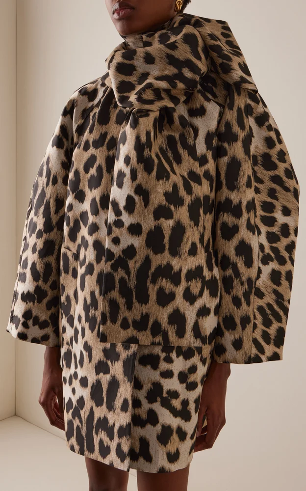 Bow-Scarf Leopard Short Coat