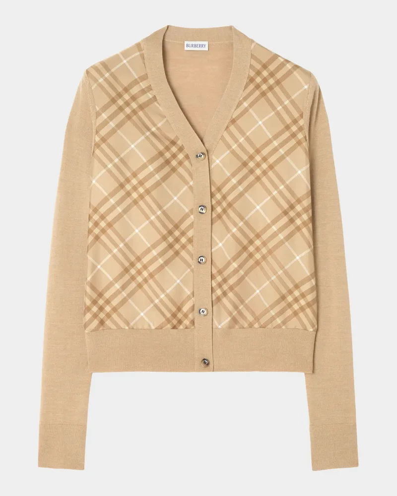 Check Silk Paneled Crewneck Cardigan