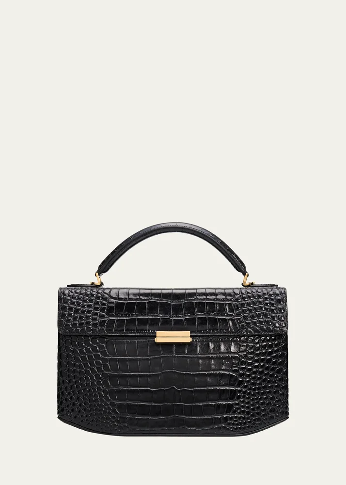 Box Croc-Embossed Leather Top-Handle Bag