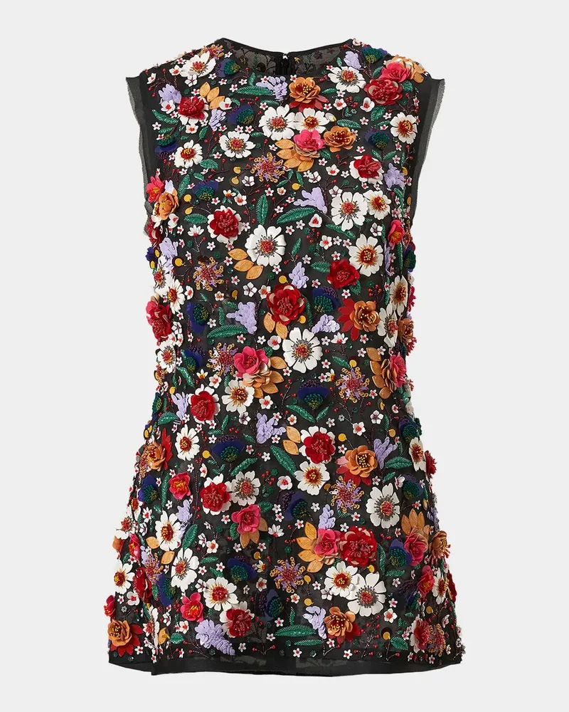 Multicolor Floral-Embroidered Organza Top