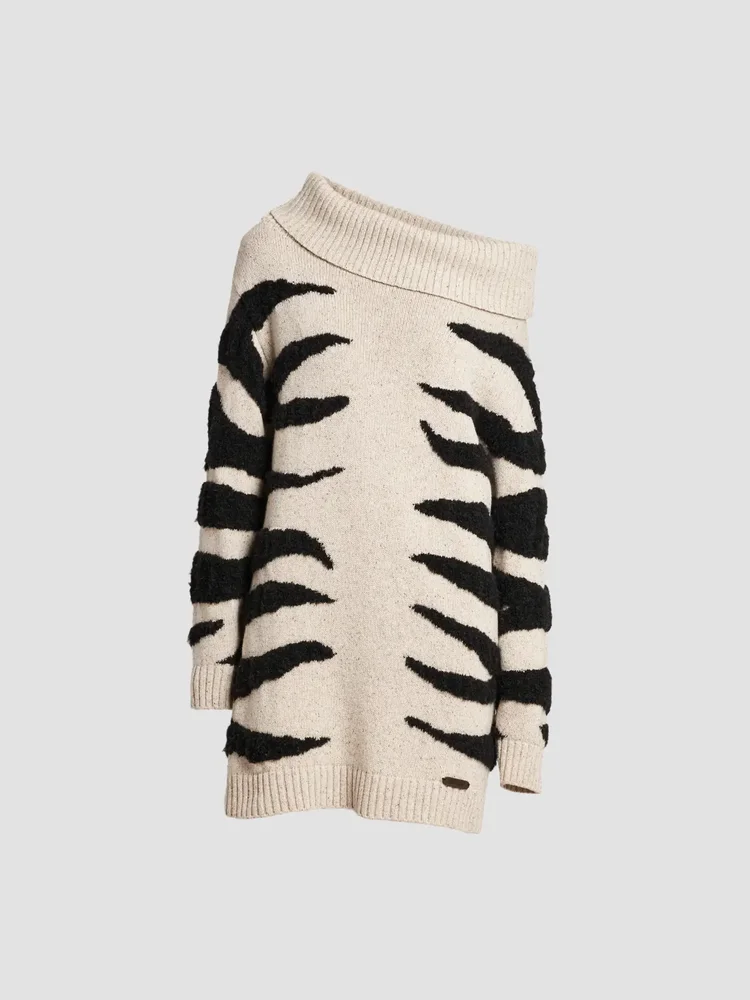 Zebra-Pattern Wool-Blend Off-Shoulder Mini Dress