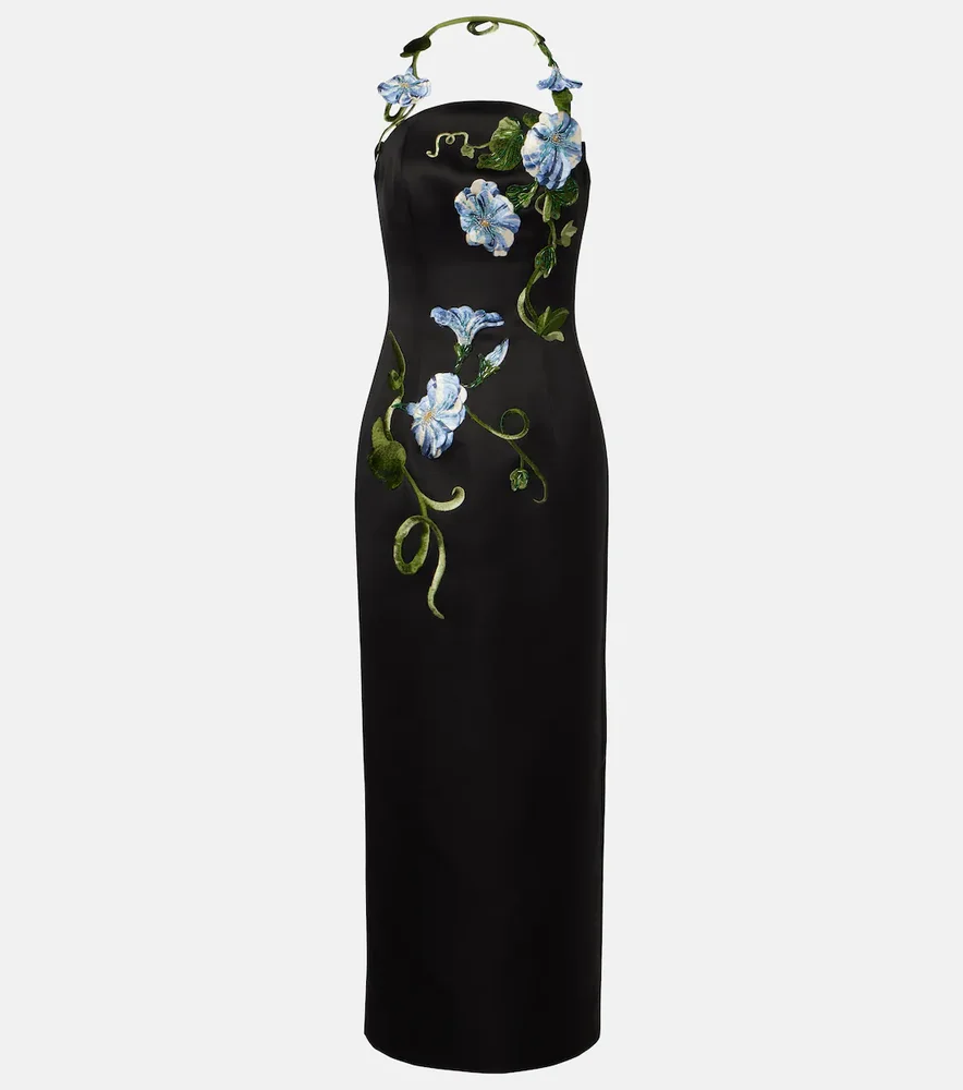 Floral-appliqué halterneck gown