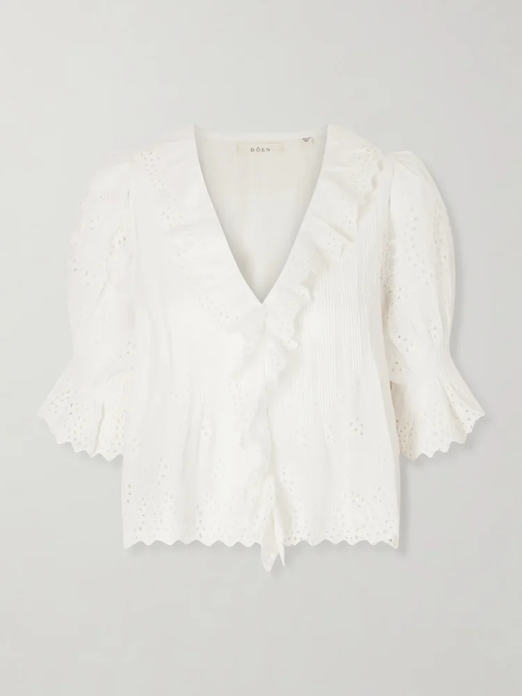 Henri ruffled pintucked broderie anglaise cotton top