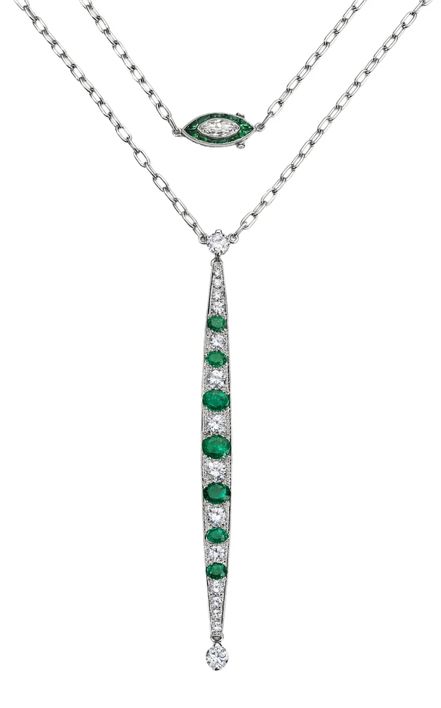 18K White Gold Emerald and Diamond Double Wrap Bar Necklace