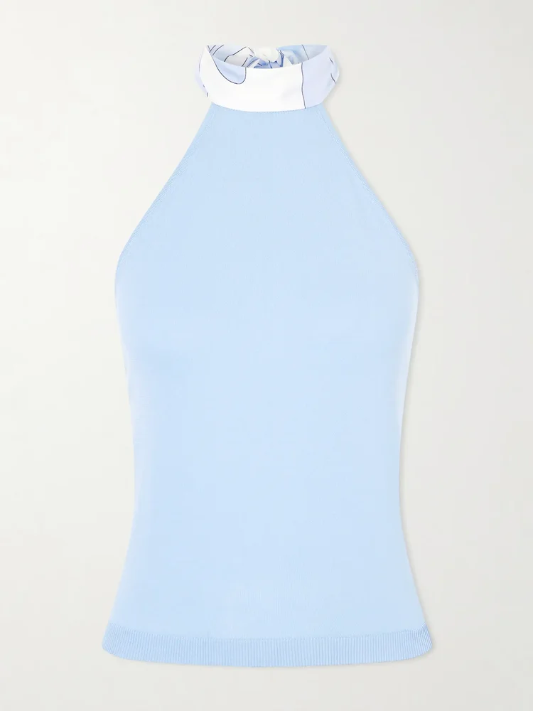Printed silk-trimmed cotton halterneck top
