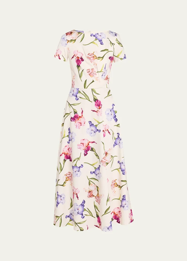 Painted Iris Cotton Poplin Short-Sleeve Midi Day Dress