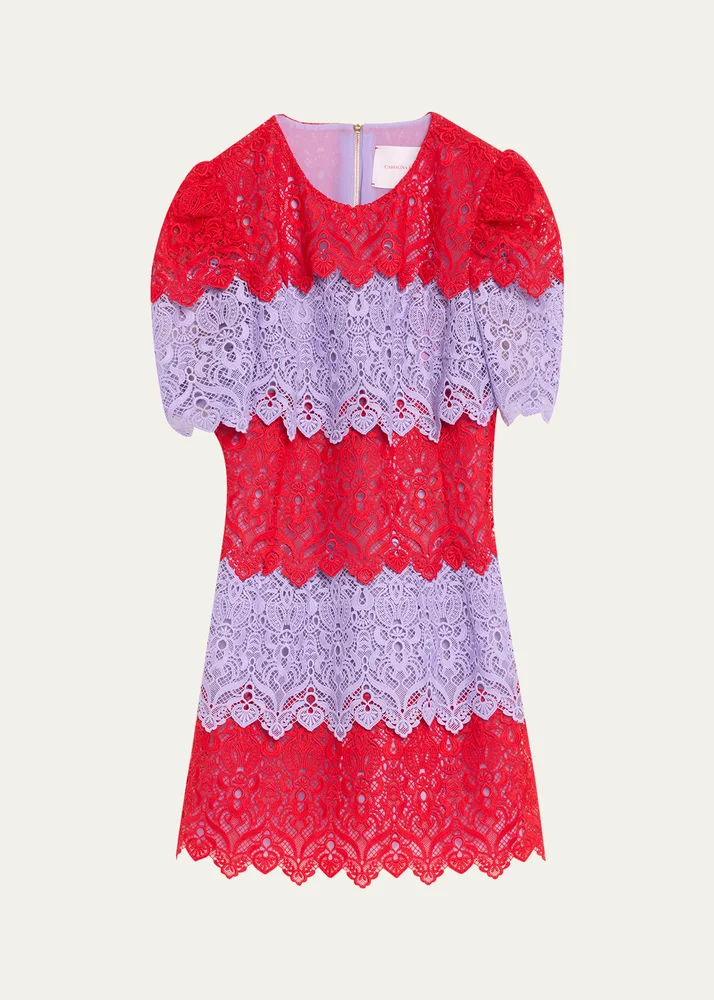 Tiered Colorblock Lace Short-Sleeve Mini Dress