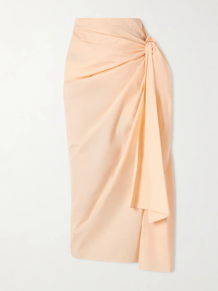 shay tie detailed draped cotton poplin wrap midi skirt