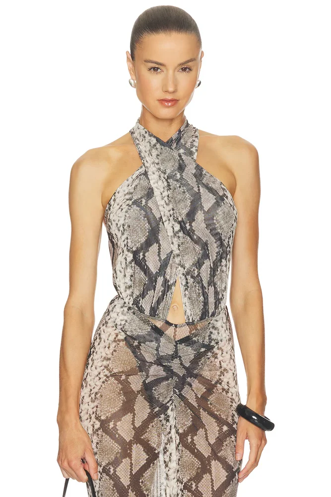 Printed Mesh Cross Bodysuit
