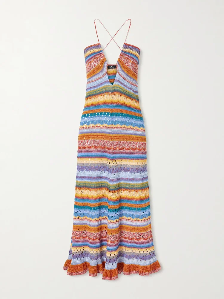 Crocheted striped cotton midi dress