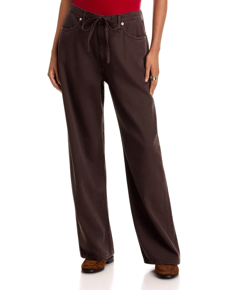 Phoebe Featherweight Drawstring High Rise Wide Leg Jeans in Dark Brown