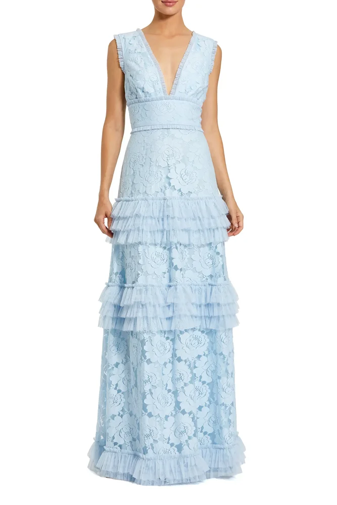 V-Neck Lace Tiered Ruffle Gown