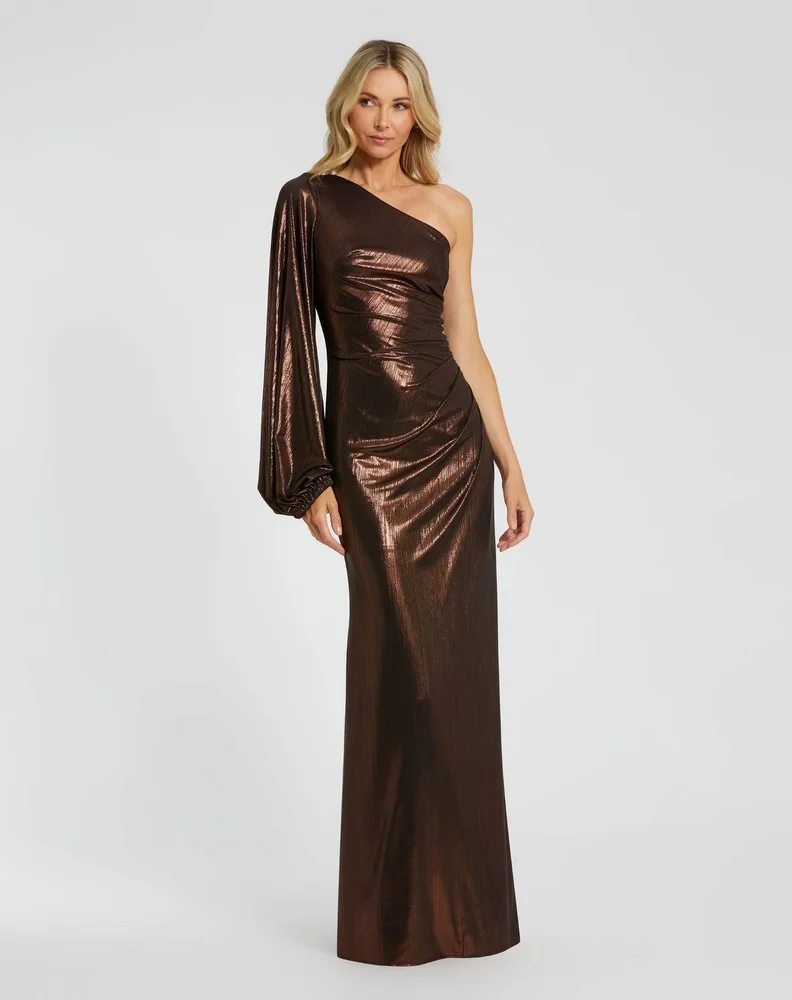 Brown One Shoulder Long Sleeve Metallic Gown