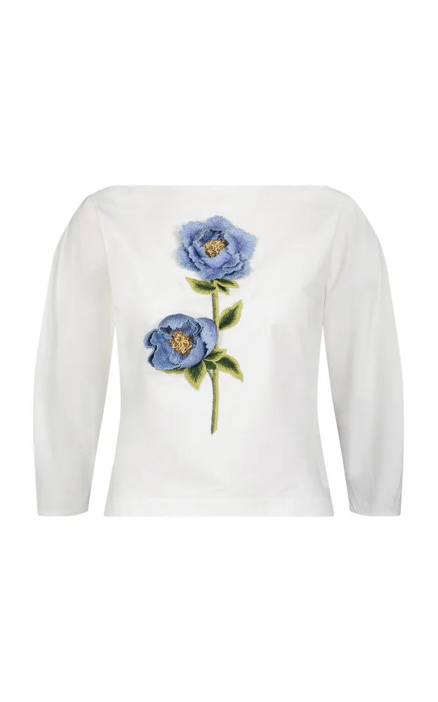 3D Peony Embroidered Cotton Poplin Top