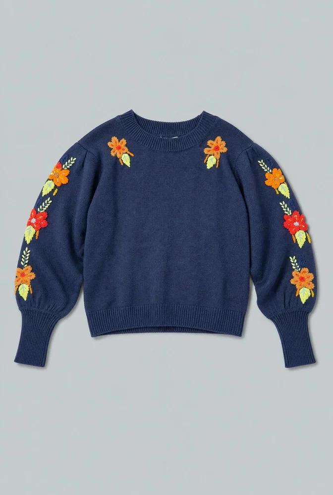 Embroidered Crew Neck Sweater - Navy