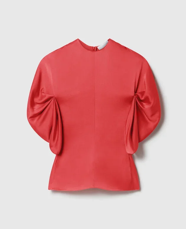 Puff-Sleeve Satin Top-Red