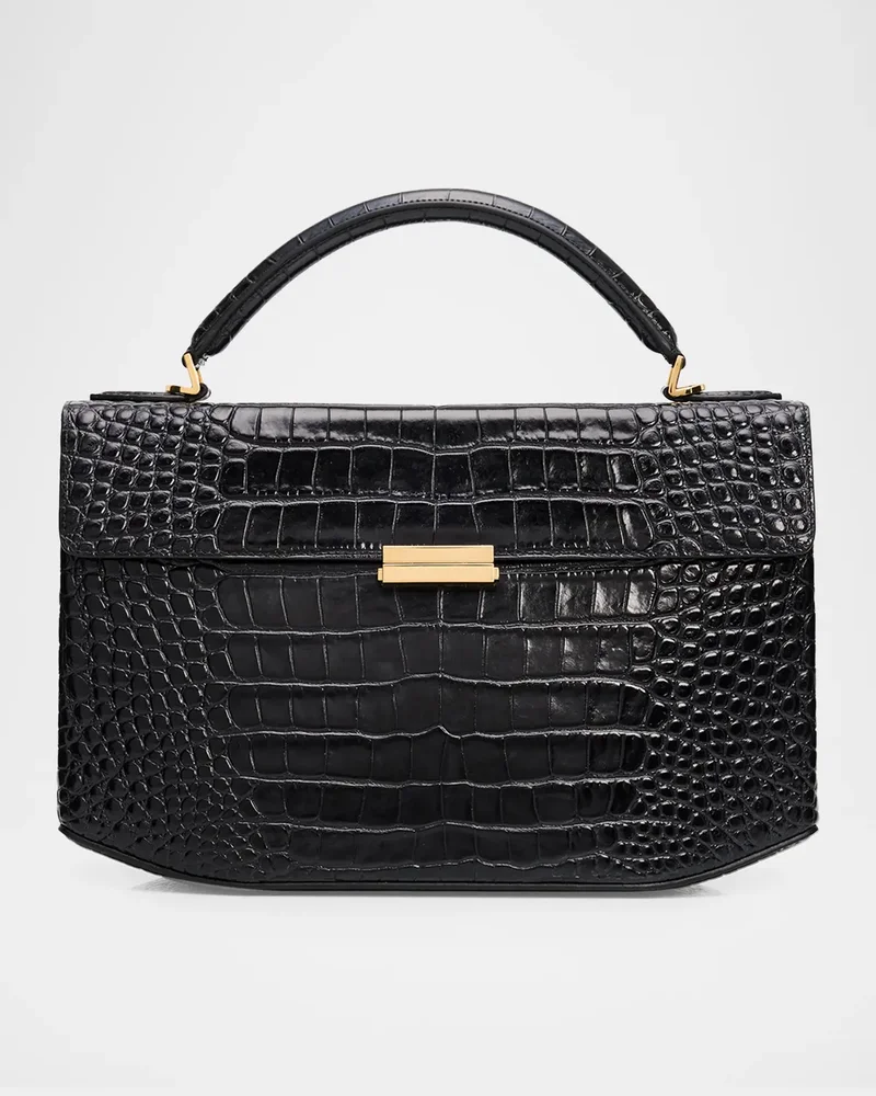 Box Croc-Embossed Leather Top-Handle Bag
