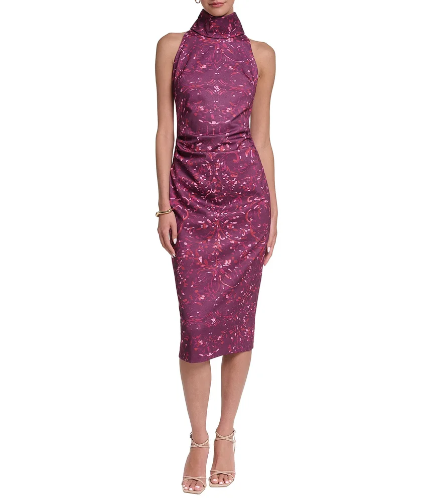 Turtleneck Sleeveless Ruched Waist Midi Sheath Dress
