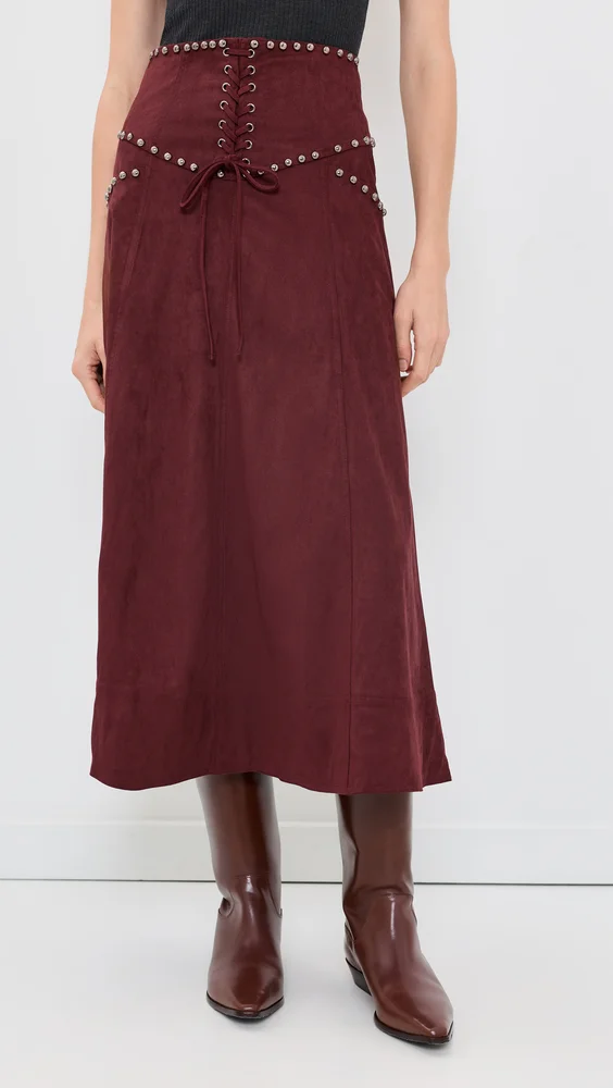 Studded Front Lace Up Faux Suede Midi Skirt