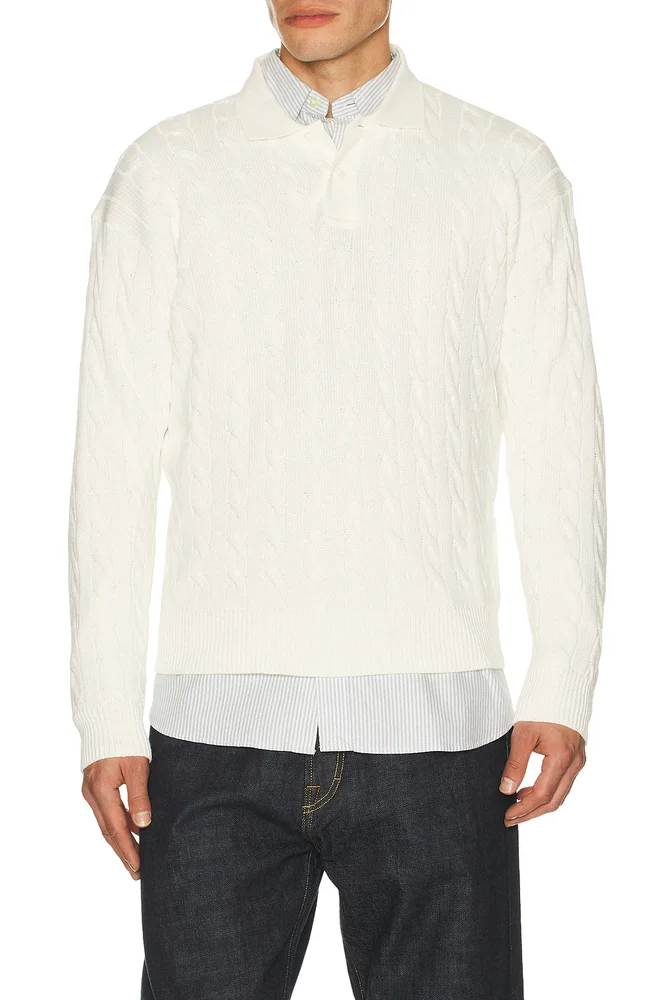 Long Sleeve Garment Dyed Cable Knit Polo Sweater Relaxed Fit
