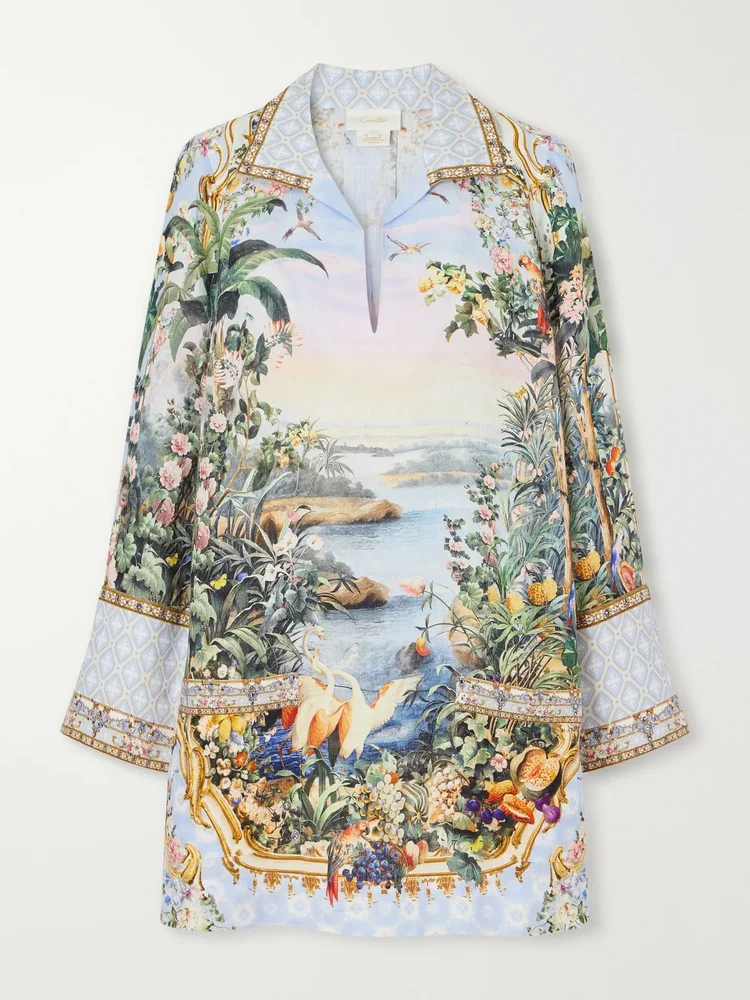 Sisi Society crystal-embellished printed linen mini dress