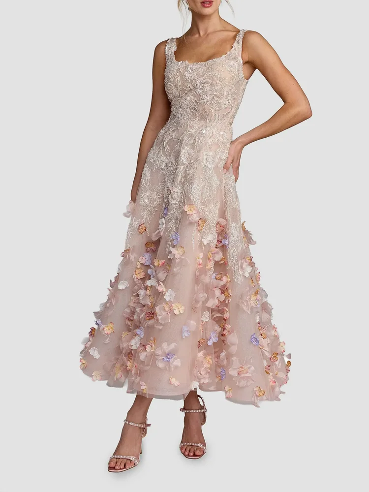 Sequined Floral Appliqué Cocktail Dress