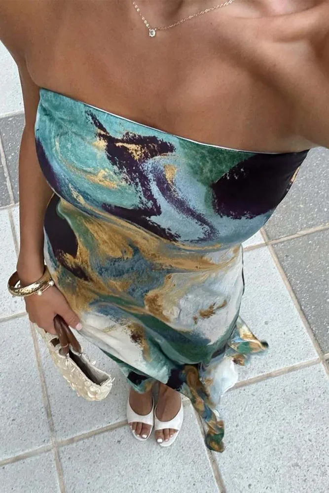 Natalia Blue and Gold Watercolor Strapless Maxi Dress