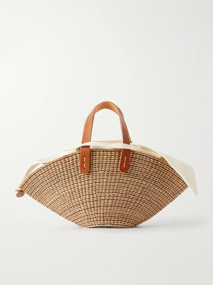 Sophia mini leather-trimmed raffia tote
