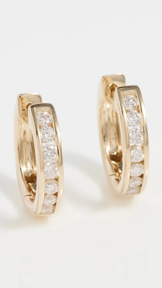 14k Gold Channel Set Round Diamond Huggie Hoop Earrings