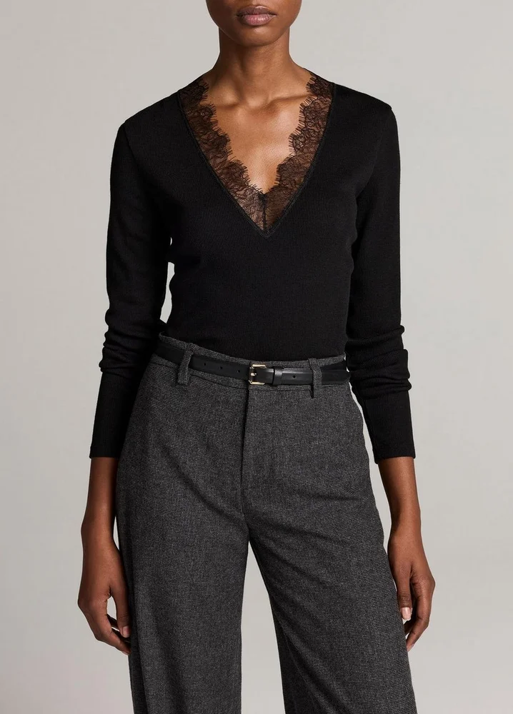 Lace-Trim Ribbed Long-Sleeve V-Neck Top
