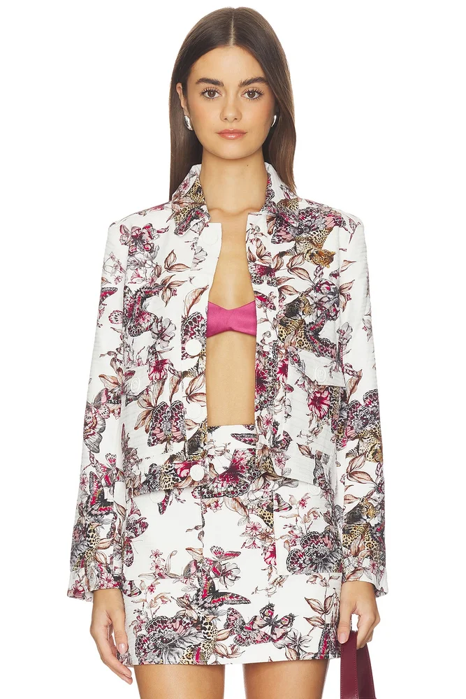 Nyx Crop Jacket in White Multi Large Butterfly Jungle